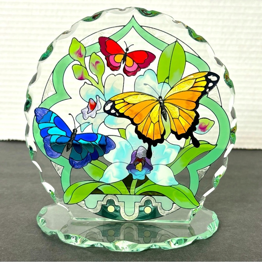 Butterflies - hand painted art glass - tea light holder-Joan Baker - Picture 1 of 9